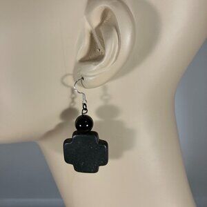 Handcrafted Black Onyx and Black Howlite Cross Earrings – 1-1/4” Long